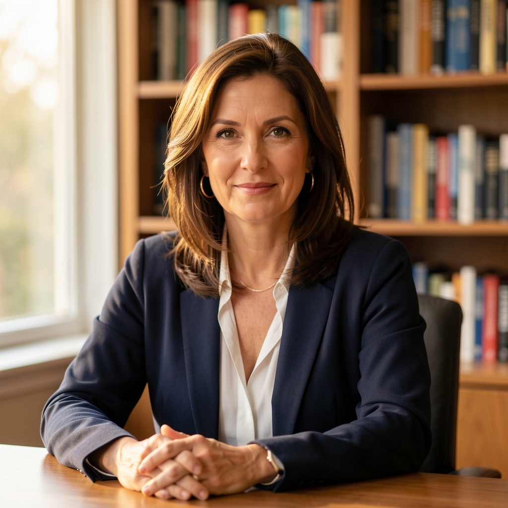 Portrait of a woman in her forties, seated at a desk with bookshelves behind her, photographed in warm natural light through a window