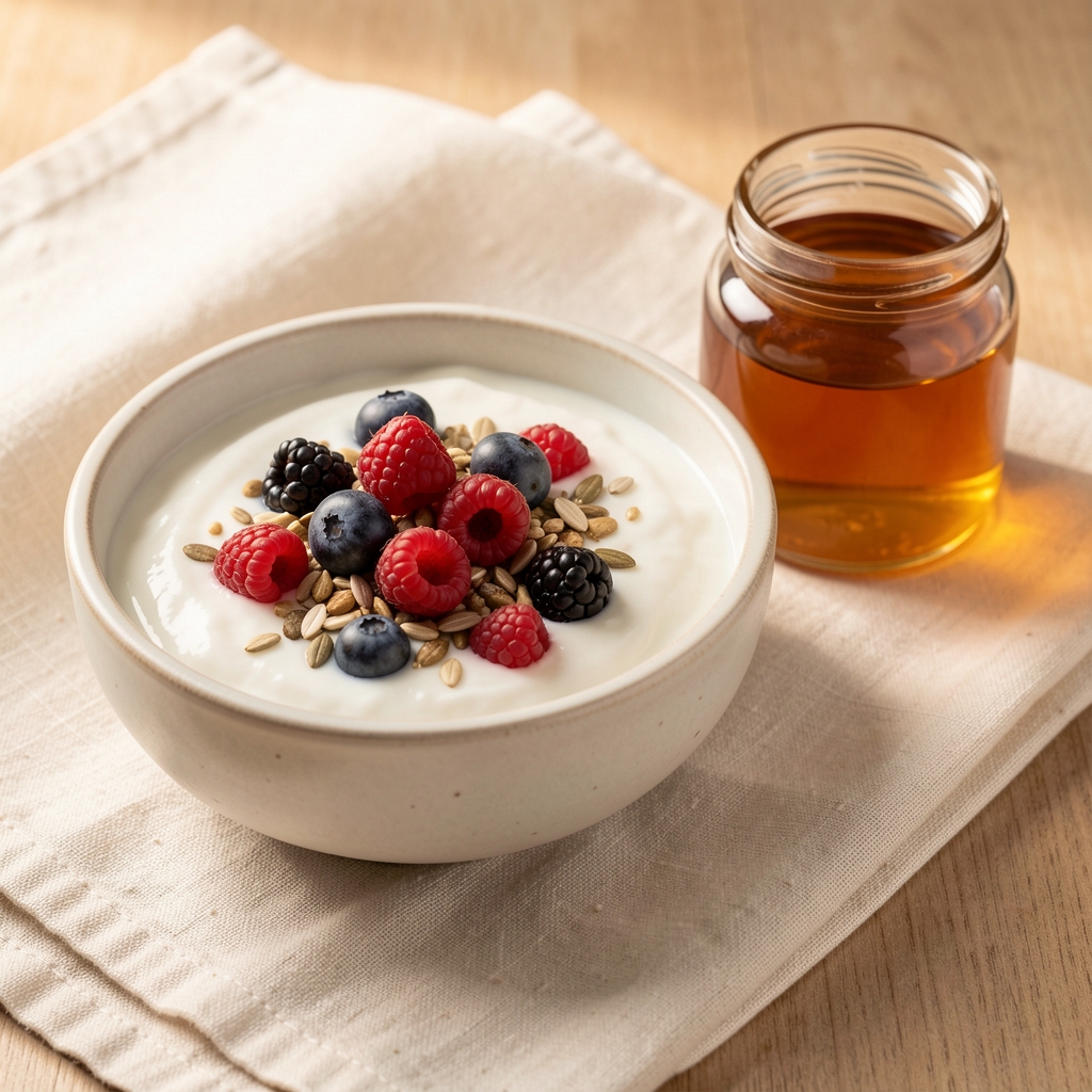Ceramic bowl of fermented yoghurt topped with fresh berries and mixed seeds, positioned on a cream linen cloth beside a small glass jar of honey, warm studio lighting